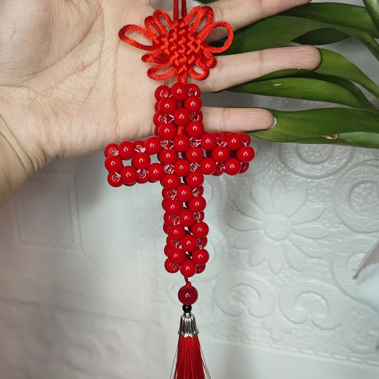 红色圆珠十字架汽车挂件车挂车载创意车内家装挂饰成品材料包