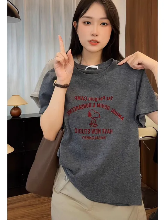 花生酱小狗 夏季韩版风正肩印花短袖T恤气质百搭