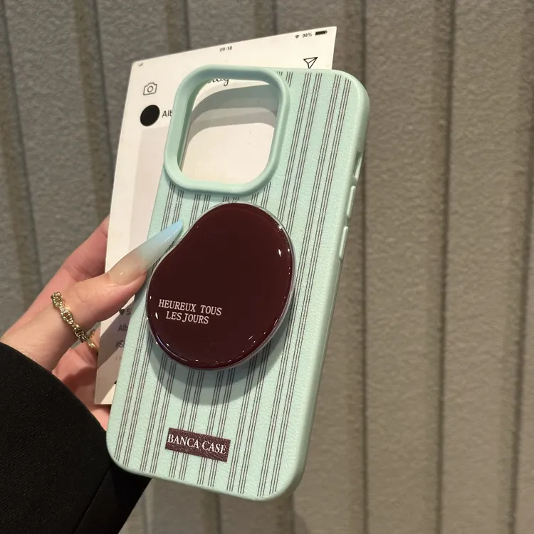 条纹咖啡豆支架适用苹果16promax荔枝纹手机壳华为vivo小米oppo