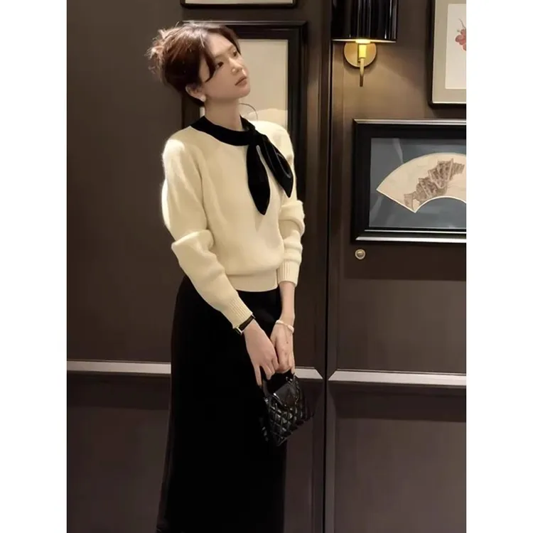 温柔风白色气质蝴蝶领结毛衣女秋冬设计感独特别致针织衫内搭上衣