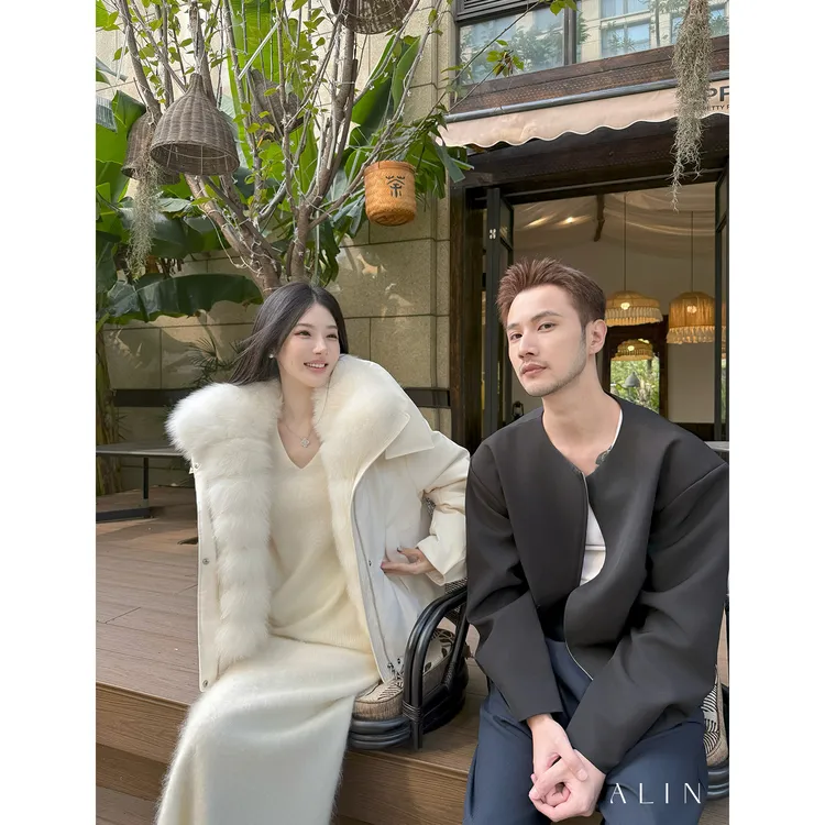 阿琳ALIN【花漓】90绒冬季短款大翻领鹅绒服女可拆卸狐狸毛派克服