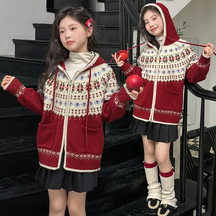 女童毛衣开衫外套冬季新款中大童时尚洋气圣诞毛衣针织衫女孩上衣