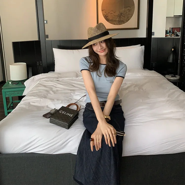 龍喜儿 圆领针织T恤女春夏新款薄款高级感纯色修身百搭打底衫J042