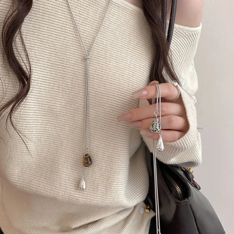 合金项链 虎眼石水滴抽拉项链爆款轻奢小众设计感长款毛衣链配饰
