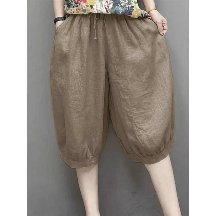 Leosoxs棉麻松紧腰灯笼阔腿裤高腰五分裤女夏季新款大码宽松显瘦