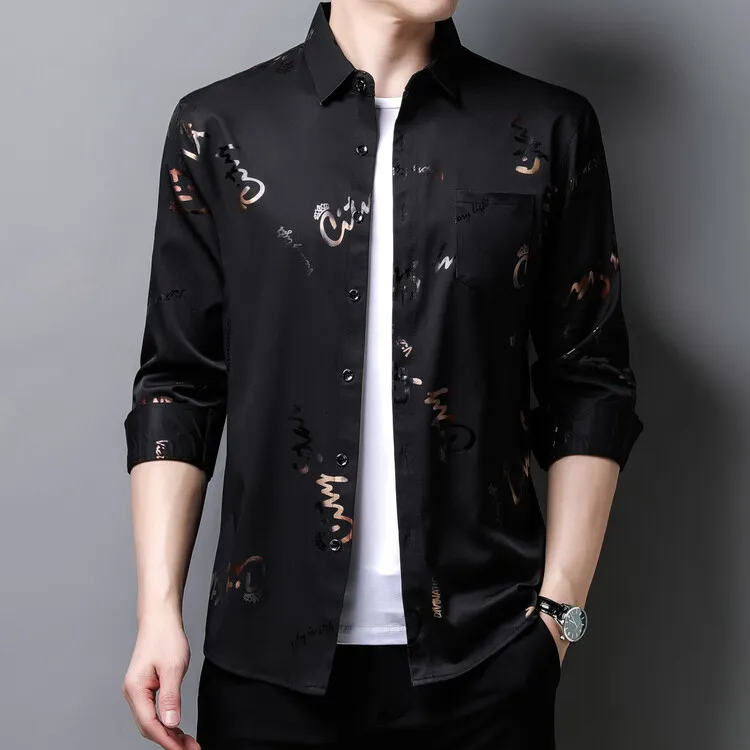 时尚休闲商务潮流印花帅气薄款修身男士春秋长袖衬衫 2024 年夏季