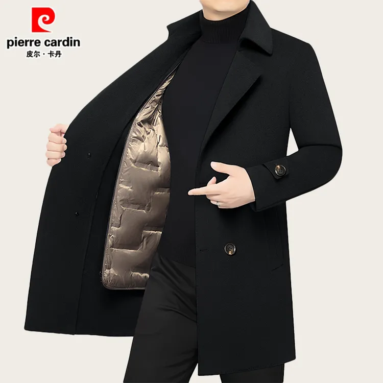 皮尔卡丹男士双面毛呢大衣秋冬加厚脱卸内胆中长款西装领大衣外套