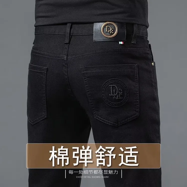 2025新款秋季潮牌刺绣牛仔裤男款弹力修身小脚潮流休闲男士长裤子