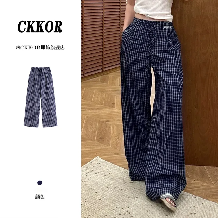 CKKOR夏季新款刺绣休闲格子裤女美式复古慵懒风显瘦宽松阔腿裤子 