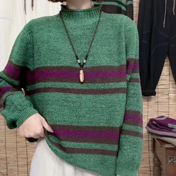 Y复古秋冬条纹撞色半高领宽松长袖百搭女装