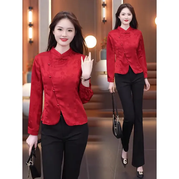 拉夏贝尔新中式时尚套装女2025春秋新款国风衬衫百搭微喇裤两件套