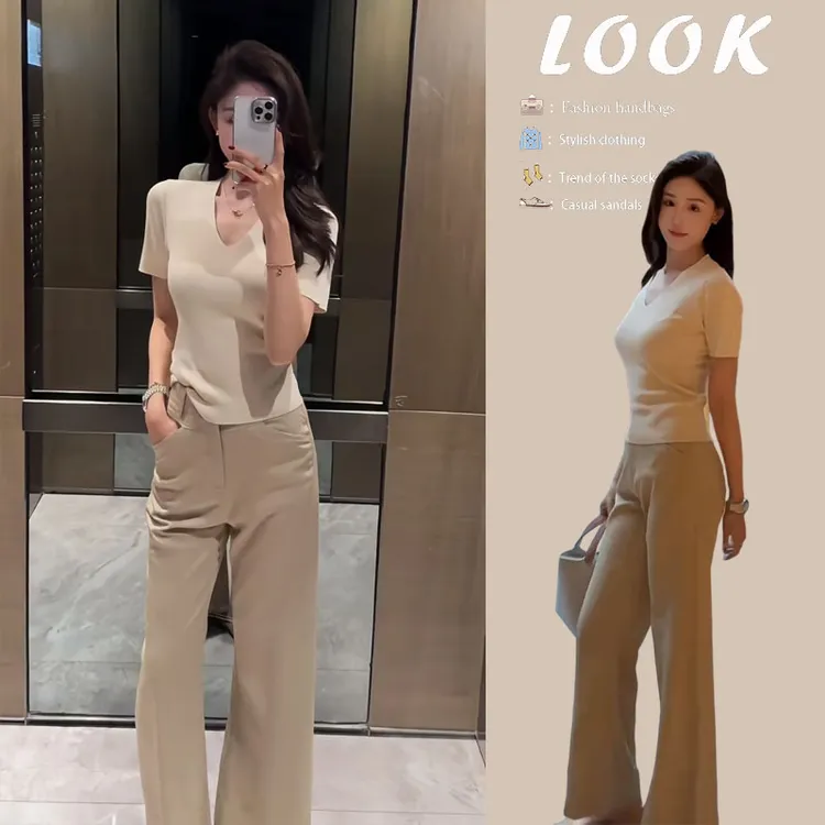 今年流行穿搭一整套2025新款早春女修身V领短袖上衣阔腿裤两件套