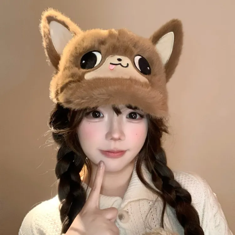 敲上镜可爱大眼吉娃娃毛绒棒球帽女秋冬季百搭显脸小加厚鸭舌帽