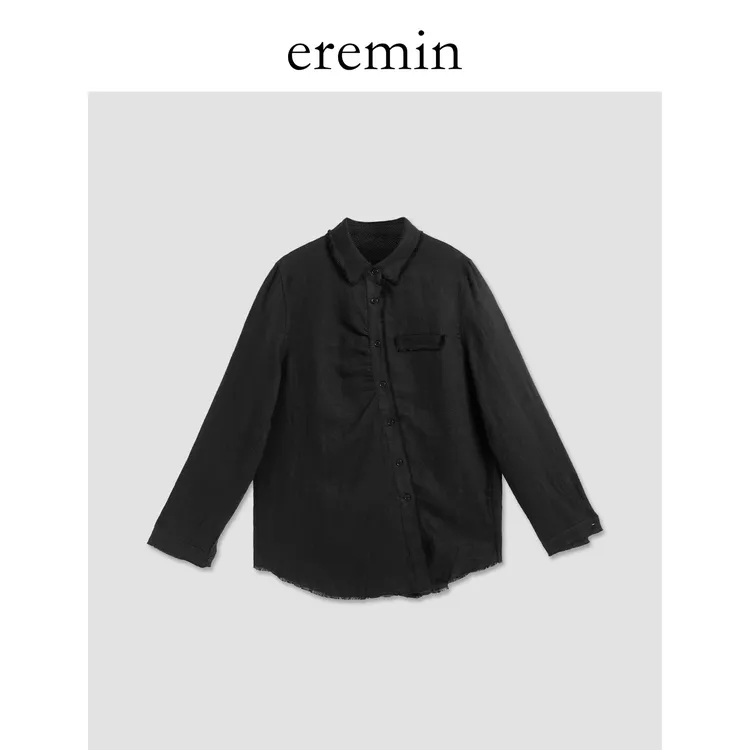 DE Mincollection歪衬衫/做旧不对称斜门襟碎褶翻领亚麻衬衫56033