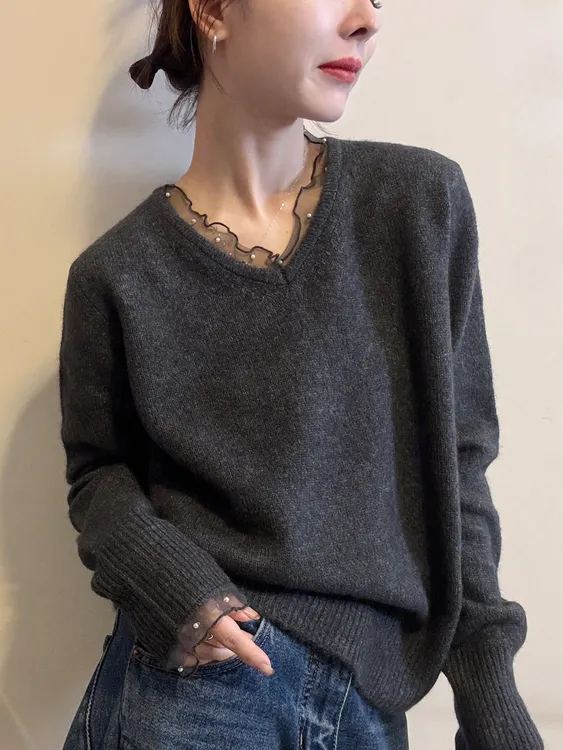 欧洲站2025冬季名媛风V领钉珠网纱拼边长袖套头打底针织衫毛衣潮