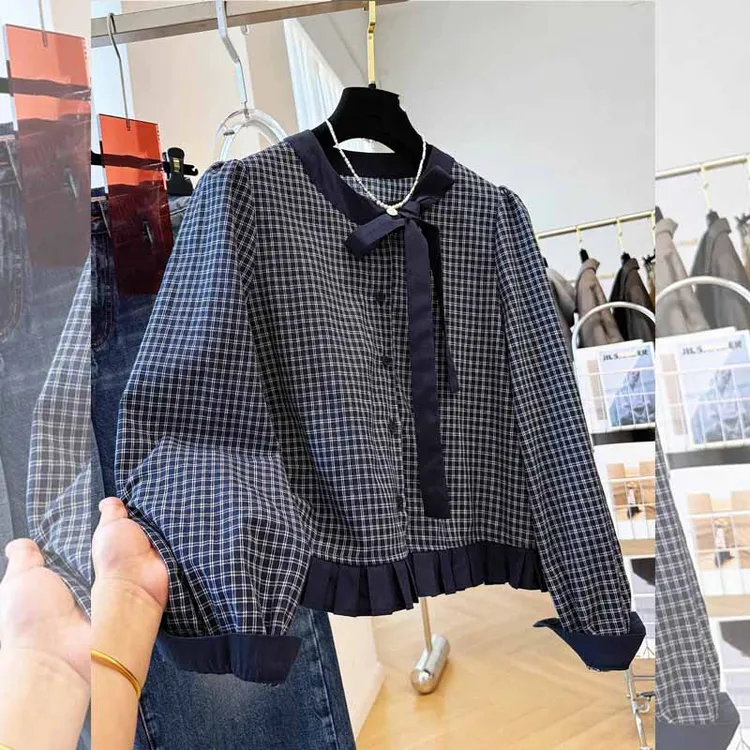 时尚春秋季新品格子蝴蝶结系带女娃娃衫大码衬衣长袖百搭宽松显瘦
