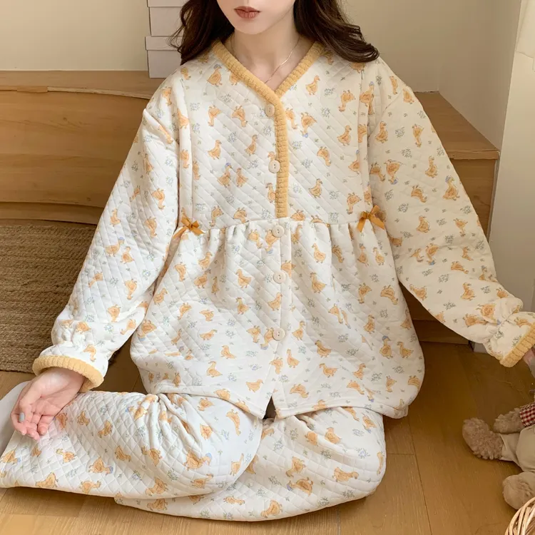 秋冬空气棉夹层月子服孕妇产后哺乳吸汗睡衣家居服