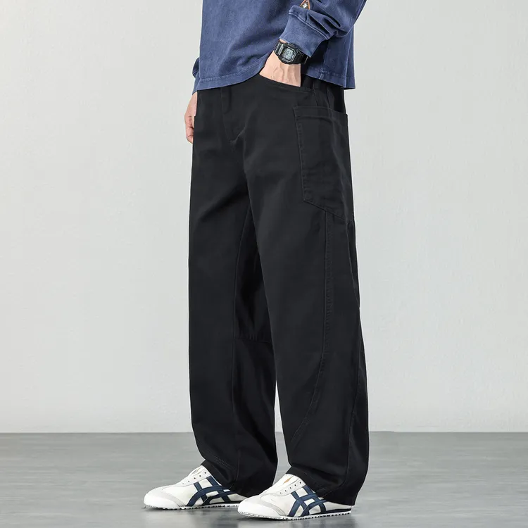 重磅纯棉休闲弯刀裤男士2025秋冬多口袋工装裤宽松直筒拼接长裤潮
