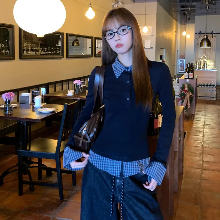 双面德绒美式复古假两件格子拼接Polo领上衣女正肩内搭长袖打底衫
