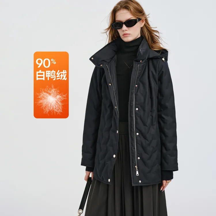 navigare意大利小帆船防寒带帽中长款羽绒服女收腰显瘦90绒外套