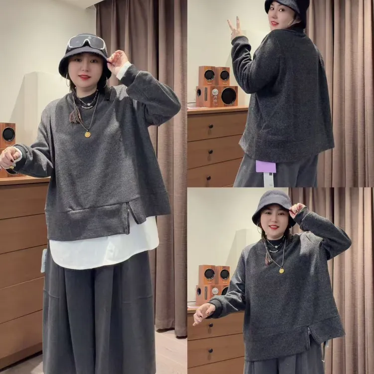 加肥领拉链肩长袖上衣胖妹妹宽松遮肚子百搭减龄卫衣（卡码拍大）