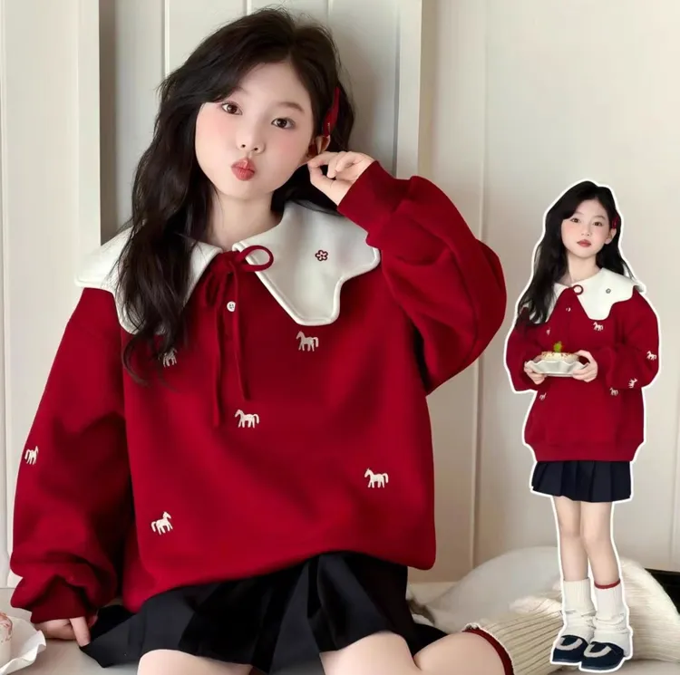 年款女童加绒加厚卫衣2025新款女孩娃娃领卫衣小马喜庆冬季中大童