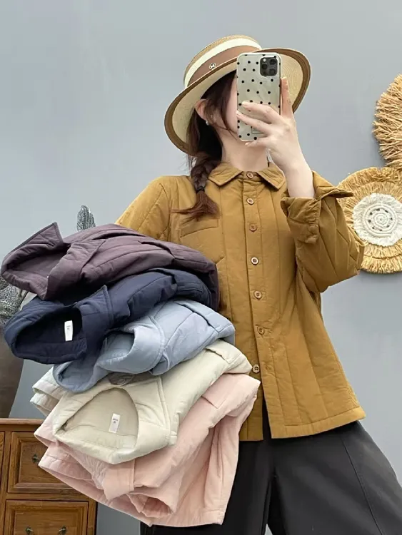 2025冬季新款全棉绗线夹棉衬衫厚款保暖休闲百搭上衣女86580