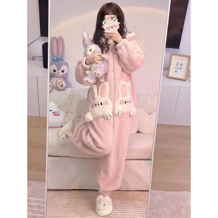 范哲萨珊瑚绒连体睡衣女款冬季加厚加绒卡通兔子成人一体式可外穿