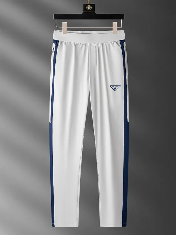 夏季轻奢撞色冰丝拼接速干运动裤男白色小脚口袋拉链直筒卫裤