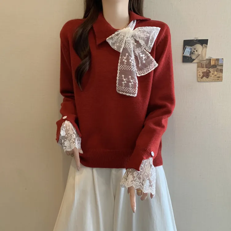 复古本命年红色高领毛衣大码女装秋冬新款蕾丝蝴蝶结针织内搭上衣