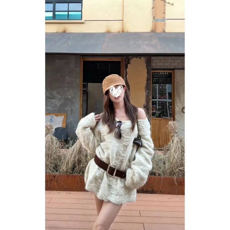 秋季新款气质斜肩设计感长袖大毛衣女慵懒风毛针织衫 #C1128