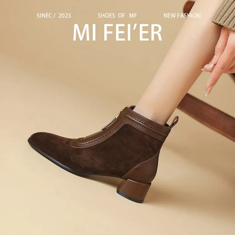 羊皮/3.5cm 2025年秋冬新款双色圆头粗跟百搭时尚软底舒适女靴子