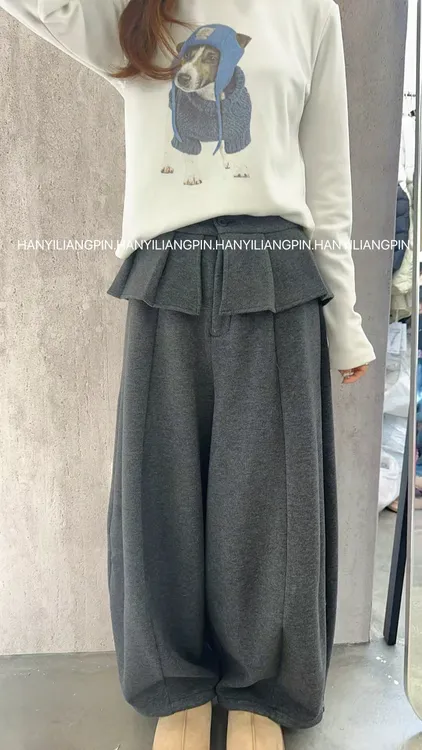 【花边卫裤】韩系百搭冬季荷叶边加绒休闲裤