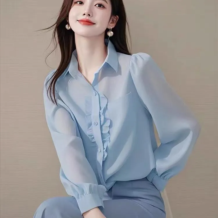 SS2479蓝色长袖衬衫秋装女款2025气质小衫爆款法式高级感初秋上衣