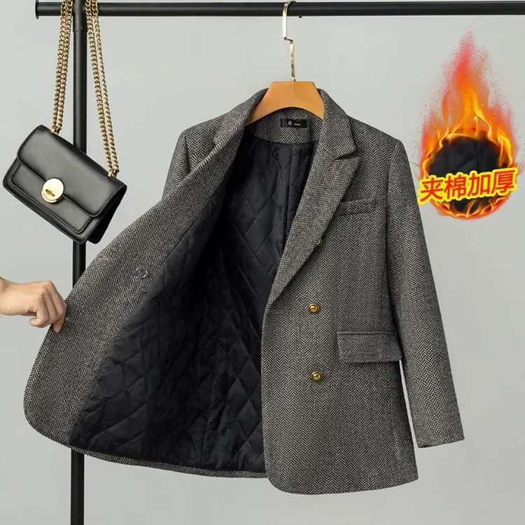 大码呢子夹棉小西装外套女秋冬2025新款高级感冬季加厚西服小个子