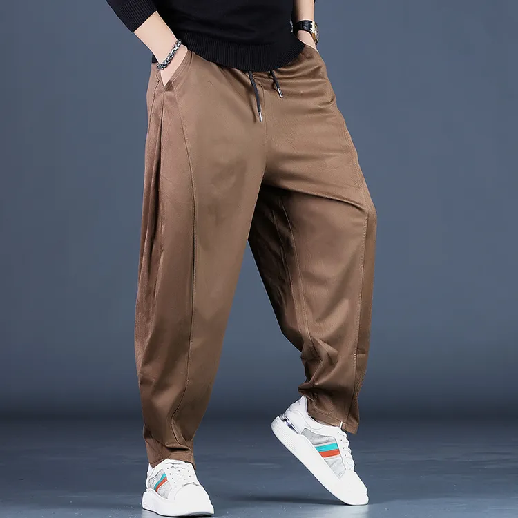高端潮牌鹿皮绒咖啡色宽松阔腿裤秋季暗黑系潮流哈伦裤男休闲男裤