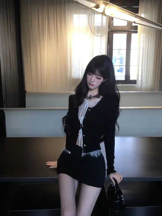 纯欲风辣妹蕾丝拼接假两件针织开衫上衣高腰显瘦性感包臀短裙套装