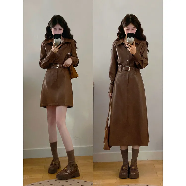 MO88ZSPF大码女装布鲁克林棕咖色皮衣连衣裙胖MM显瘦收腰皮裙女