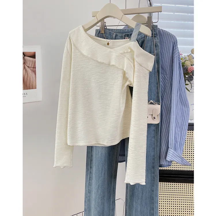 纯色斜肩拼接长袖T恤早秋新款甜辣风时尚拼接小众女装上衣服ins风