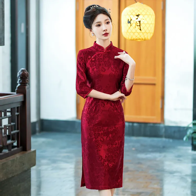 新中式旗袍连衣裙春秋新款显瘦妈妈装喜婆婆婚宴装七分袖日常可穿