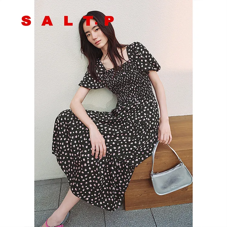 SALT.P可颜复古法式泡泡袖方领提花碎花连衣裙a字裙2025夏季新款