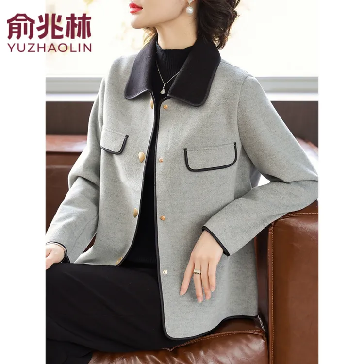 俞兆林妈妈秋装双面呢子外套母亲节春秋短款上衣中老年女时尚洋气