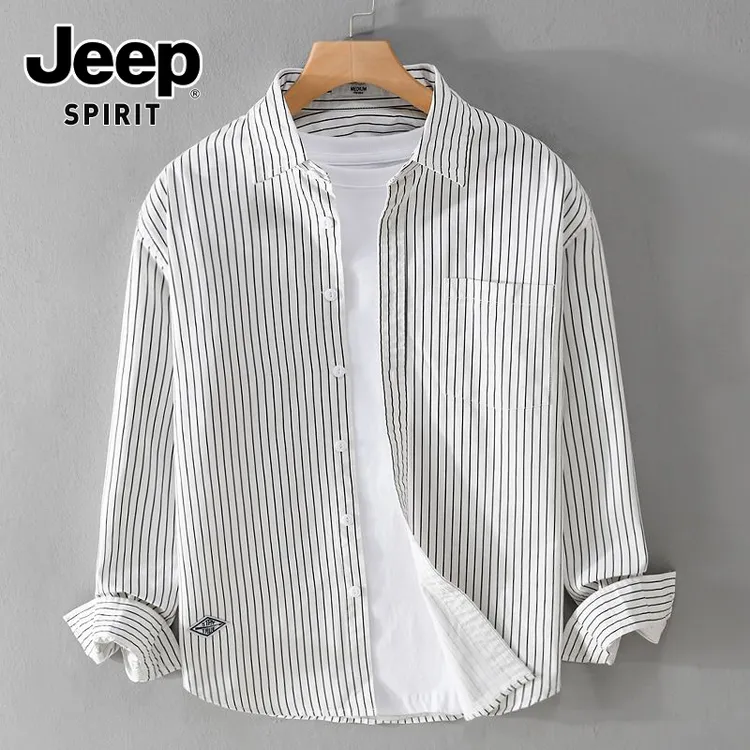 JEEPSPIRIT吉普男士条纹长袖衬衫春秋新款翻领休闲百搭纯棉上衣服