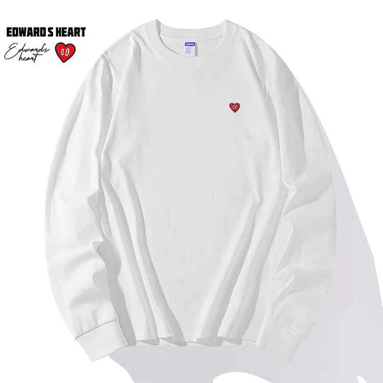 爱德华桃心【官方正品】圆领男士长袖纯色宽松打底T恤多巴胺港风