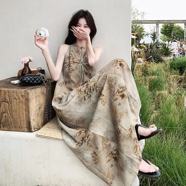 超长款到脚踝新中式连衣裙女夏2025新款水墨印花海边度假无袖长裙