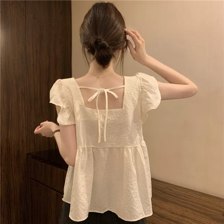 韩系减龄小飞袖短袖衬衫女夏季蝴蝶结设计感别致漂亮宽松显瘦上衣