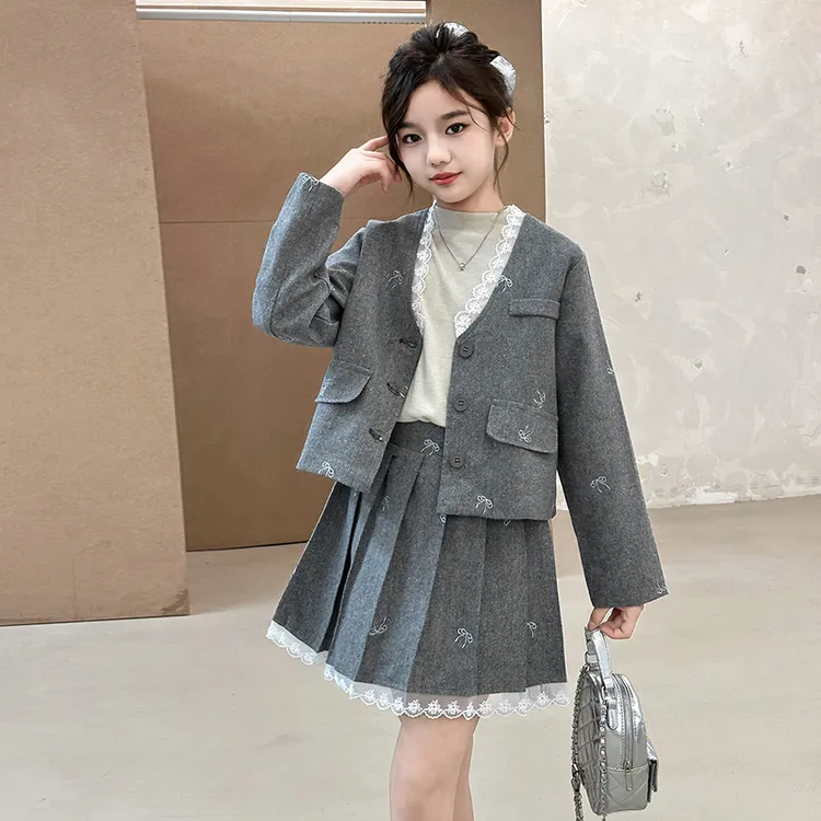 高品质女童韩系蕾丝花边小香风套装小女孩6-12岁气质15岁学院风