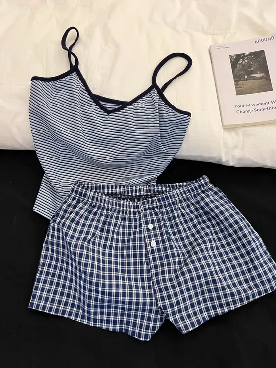 【DMXJ大梦想家】韩系少女条纹设计感睡衣女夏季家居服格纹短裤套装