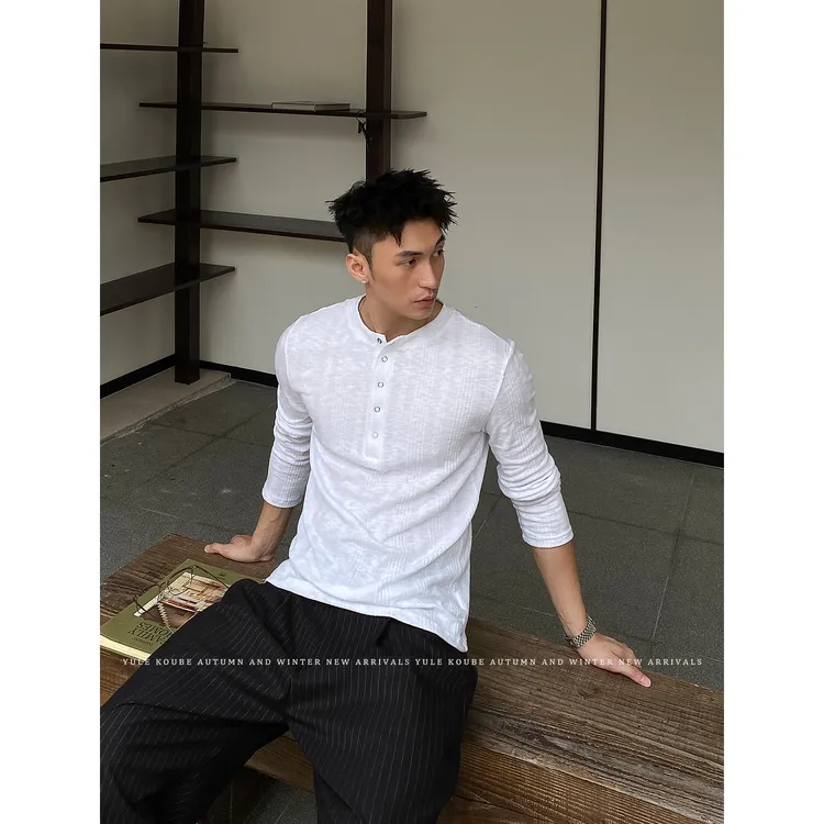 余乐自制 早秋基础款高弹透气亨利领长袖T恤男复古美式上衣T恤