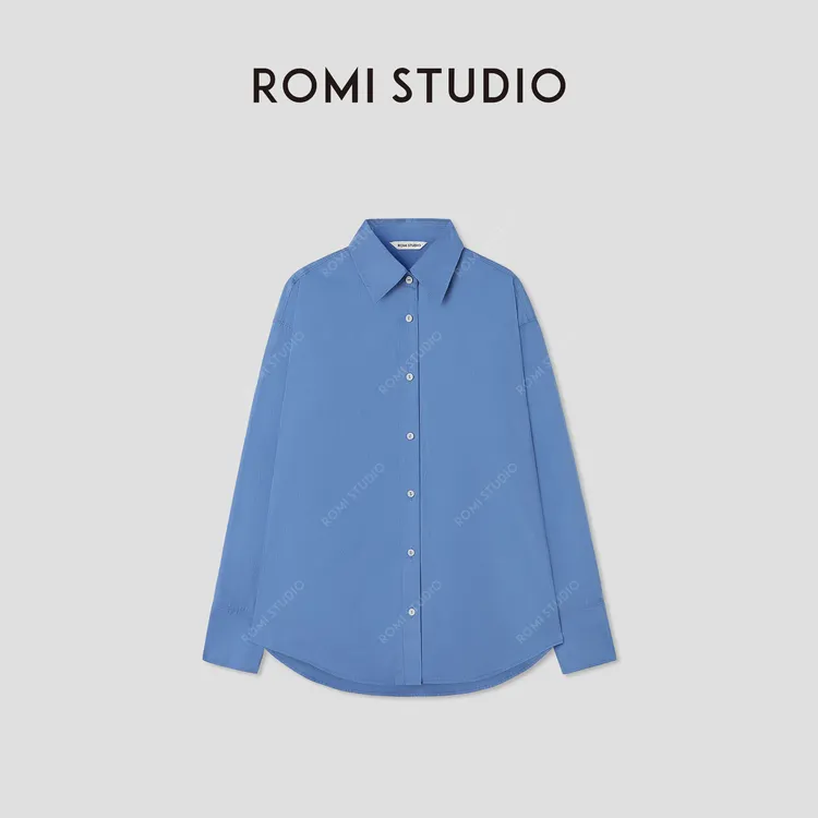 ROMI STUDIO“复古腔调”100匹马棉克莱因蓝挺括宽松衬衫RWCRSY3590